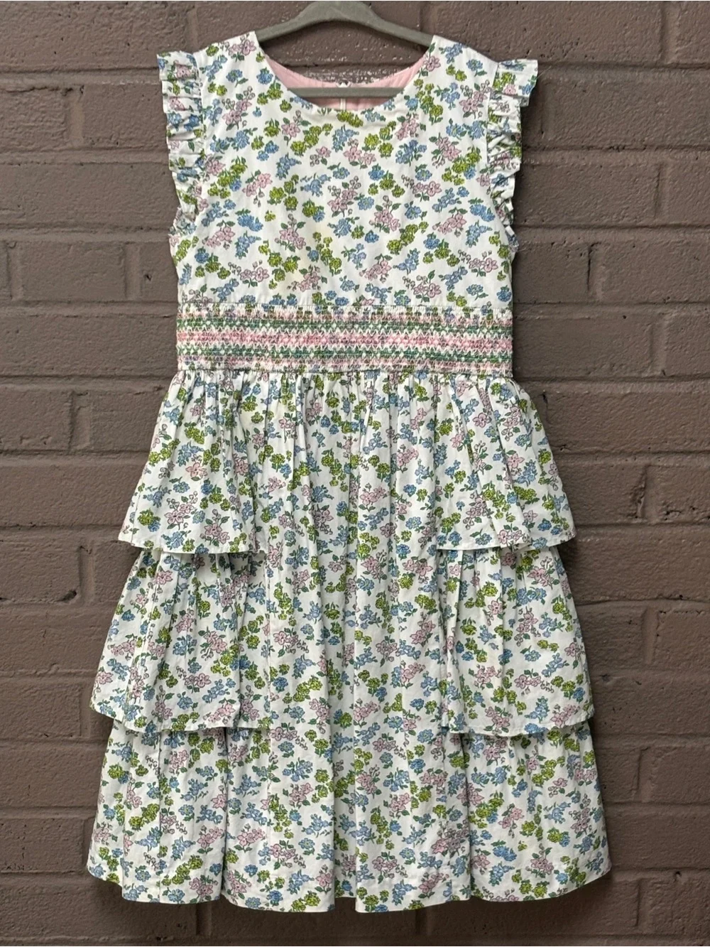 Mini Boden White Floral  Floral Tiered Dress with Pink, Blue & Green 8-9 yrs